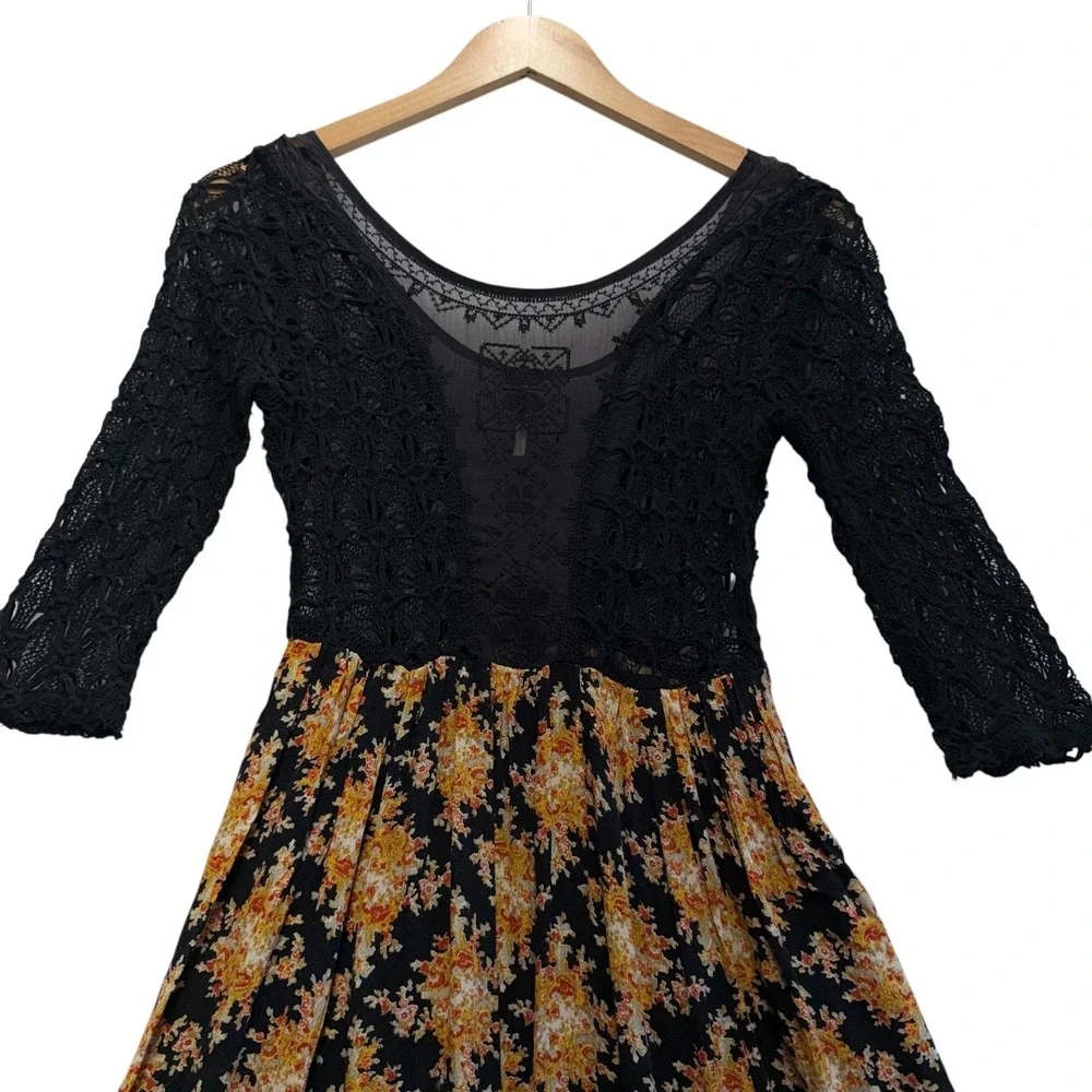 Free People Lonesome Dove High Low Floral Lace Black Yellow Boho Dress Size 0 - Picture 4 of 8